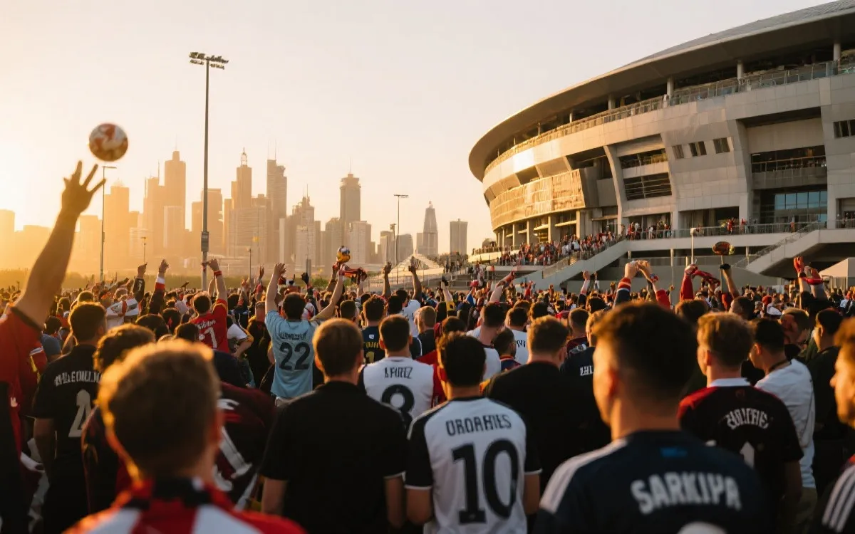 球迷在城市街头与球场外集结的旅行纪实风格画面