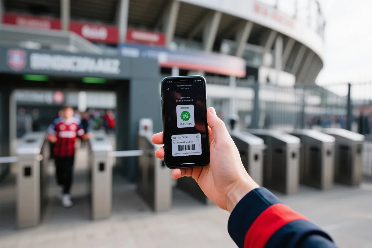 球迷手持手机电子票与球场入口闸机，购票到入场的关键一刻